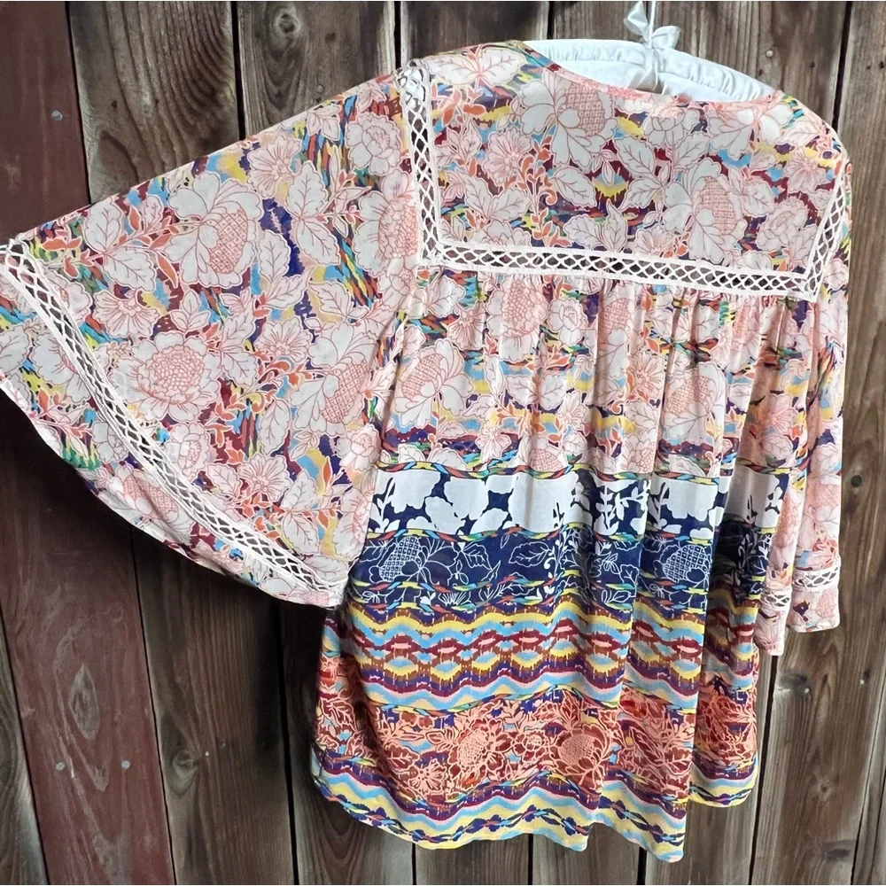 Meadow Rue Boho Sheer Floral Peasant Blouse Flowy Bat Wings Crochet Lace Sz L - Picture 11 of 14